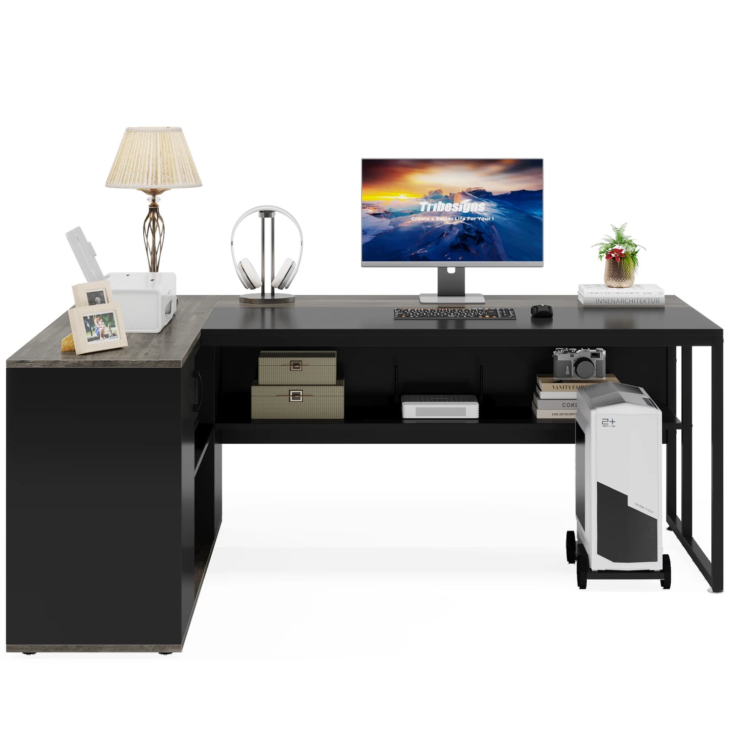 Tribesigns 71 inch Executive Desk, L Shaped Desk with Cabinet Storage, Executive Office Desk with Shelves