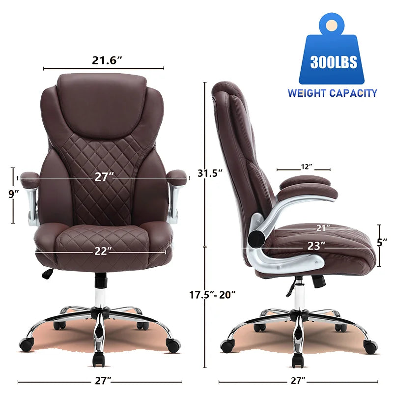 Ergonomic Office Chair With Flip-Up Armrests And Wheels, Leather Rocking Executive Office Chair, Brown On-Site