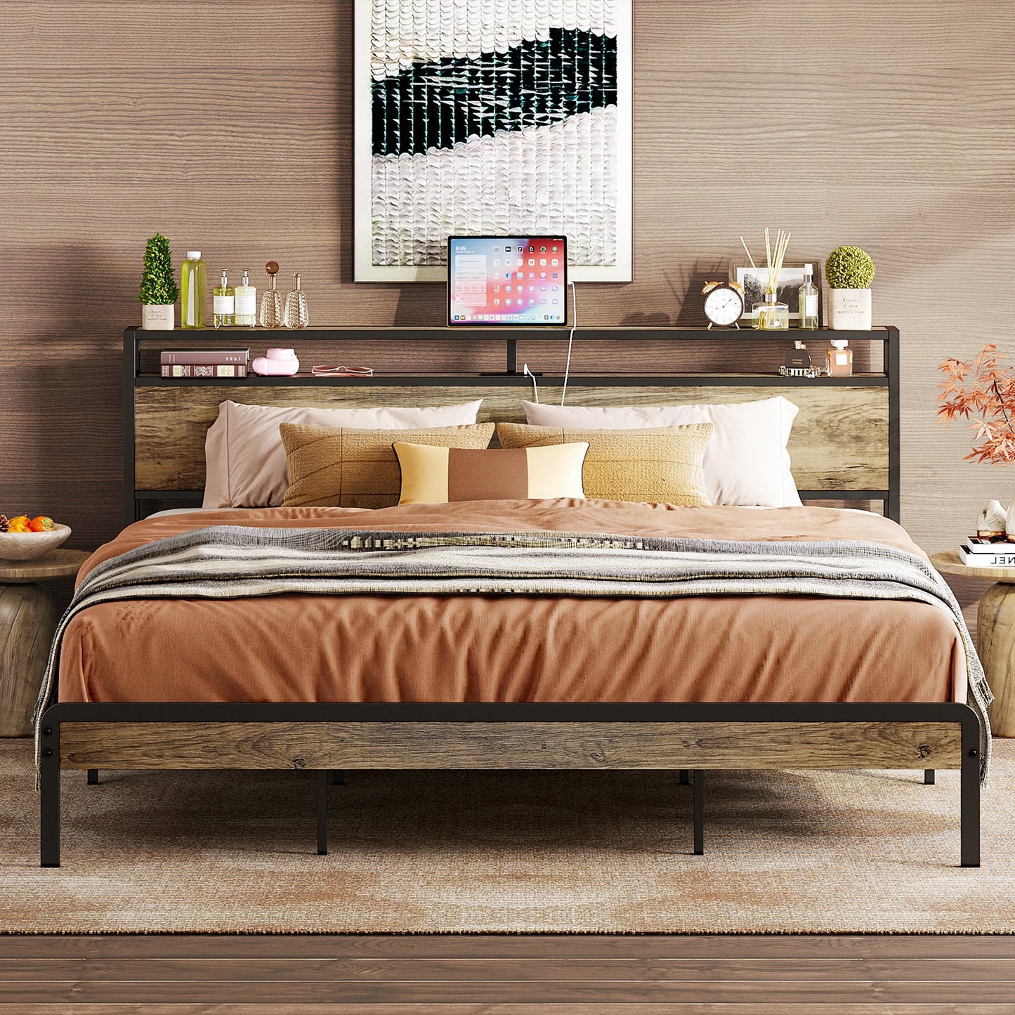 Bed Frame with Storage Headboard, Platform Bed with Charging Station, Solid and Stable, Noise Free, Easy Assembly, Walnut