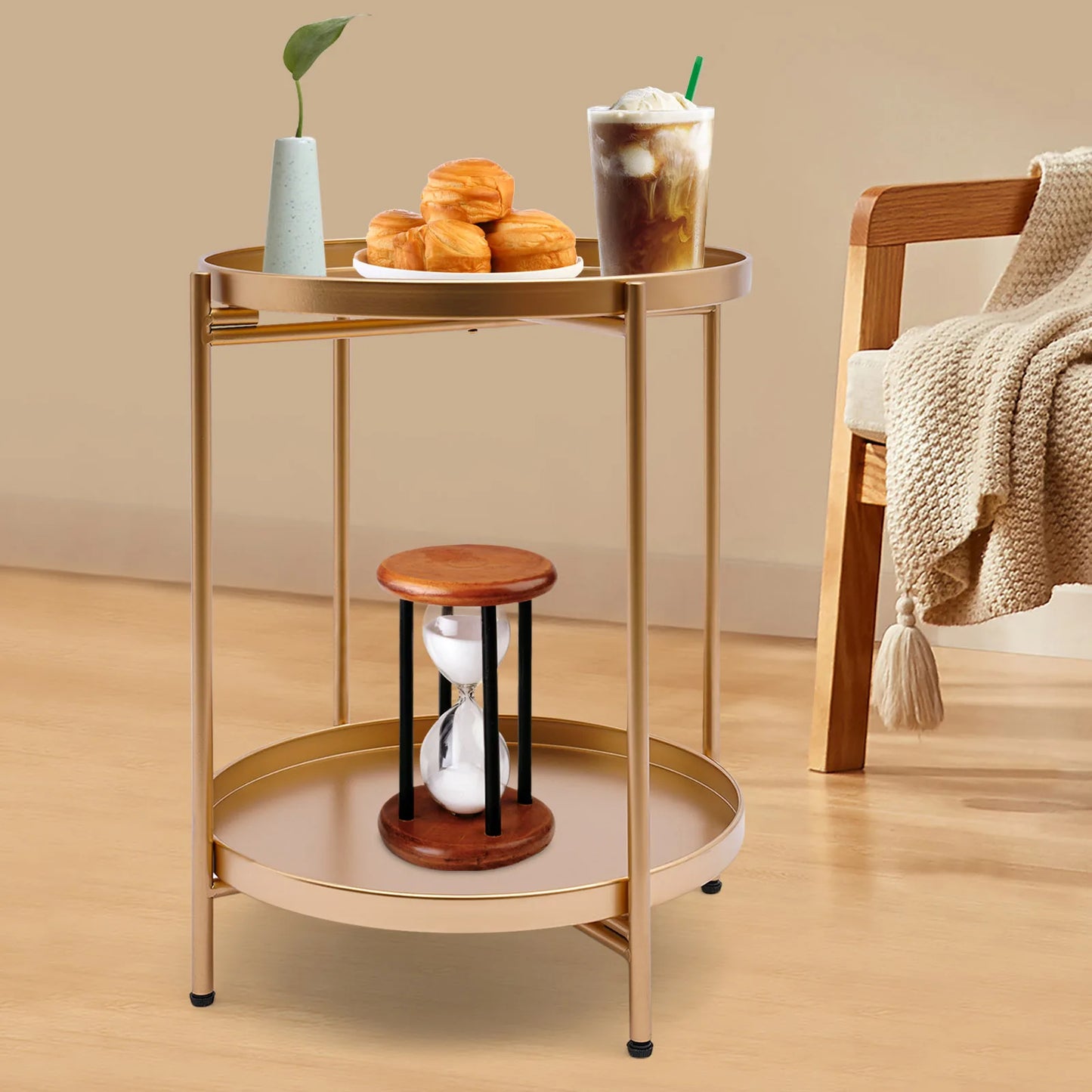 Outdoor or Home 2 Tier Round Gold Side Table Used as a Dining Table Bedroom Nightstand Garden or Camping Table Outdoor Furniture