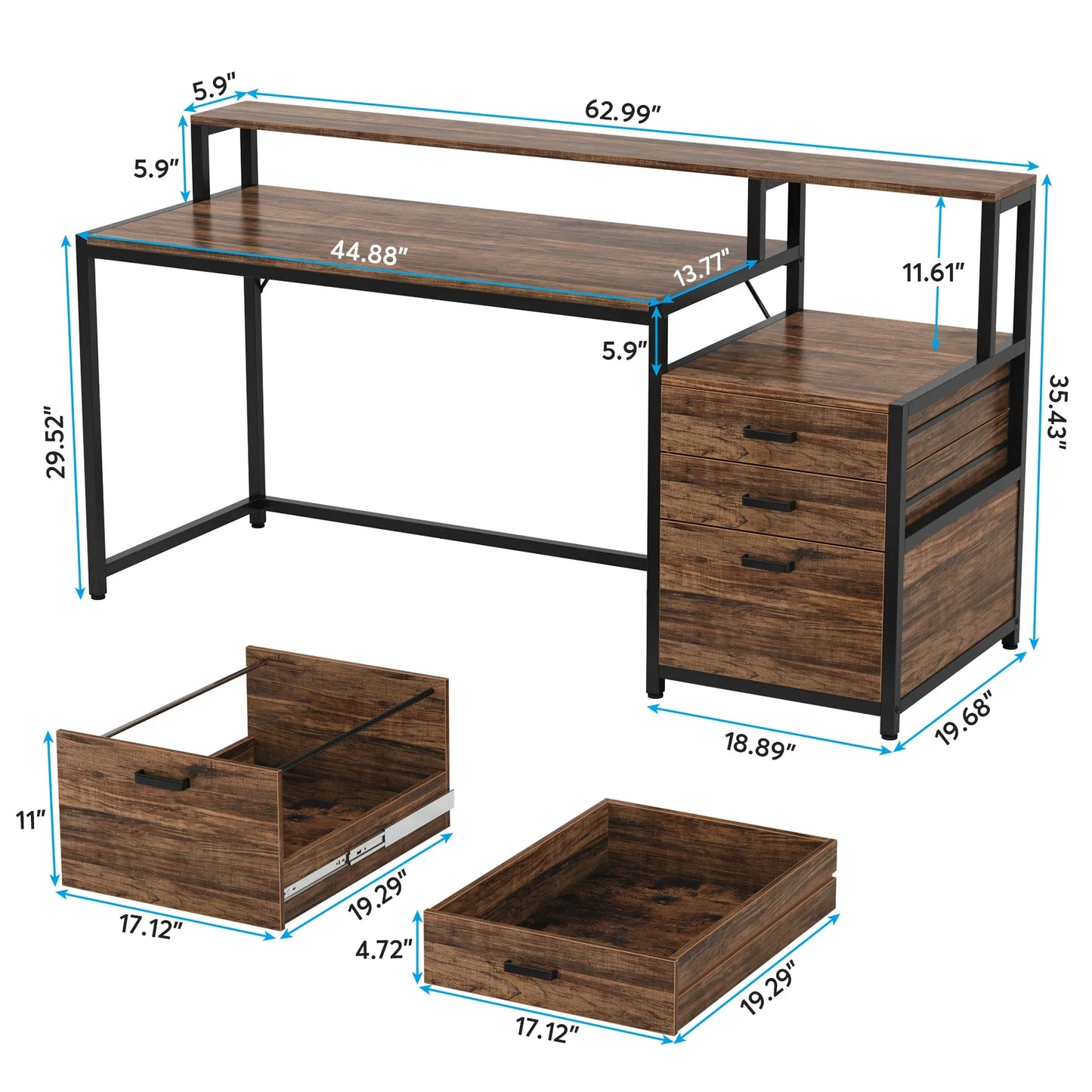 Tribesigns 63 Inch Computer Desk with File Drawer Cabinet, Ergonomic Office Desk with Monitor Stand, Industrial Computer Table