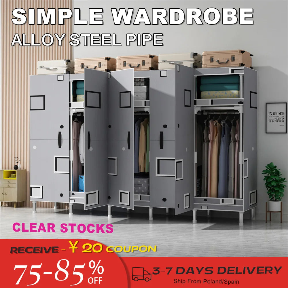 LEEGOHOME Wardrobes Closet Cloth Bedroom Furniture 85/125/166/207x45x170cm 26mmSteel Pipe Support Storage Household