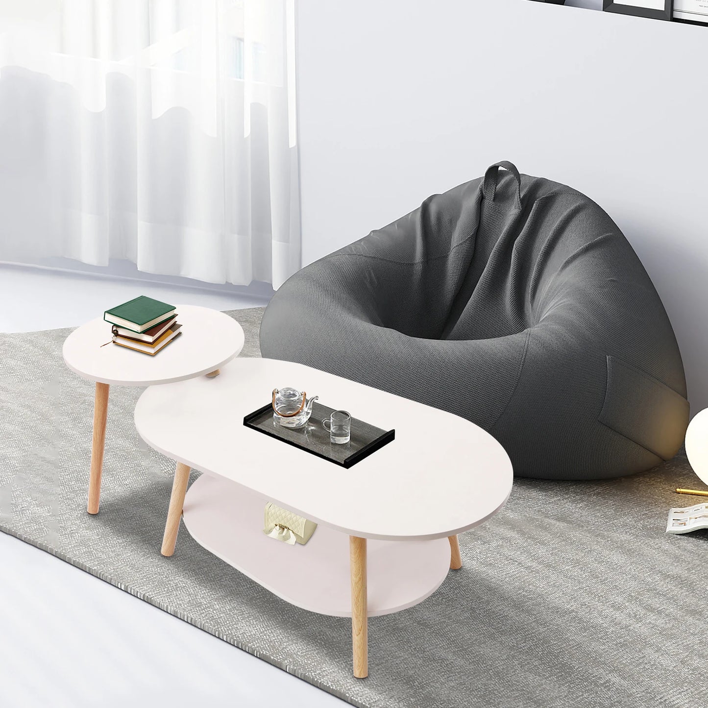 2 Tier Combination Coffee Table MDF Solid White Tea Table with Open Shelving for Storage and Display Modern Living Room