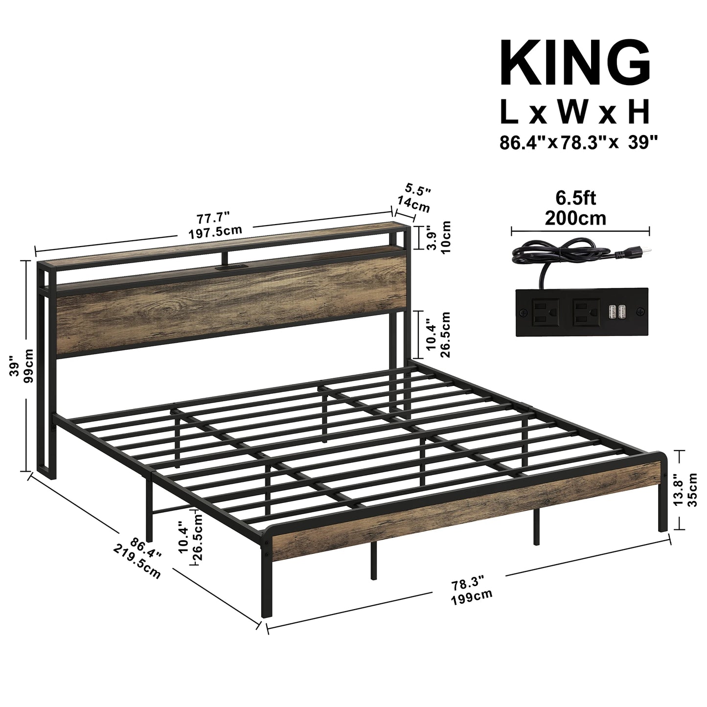 Bed Frame with Storage Headboard, Platform Bed with Charging Station, Solid and Stable, Noise Free, Easy Assembly, Walnut