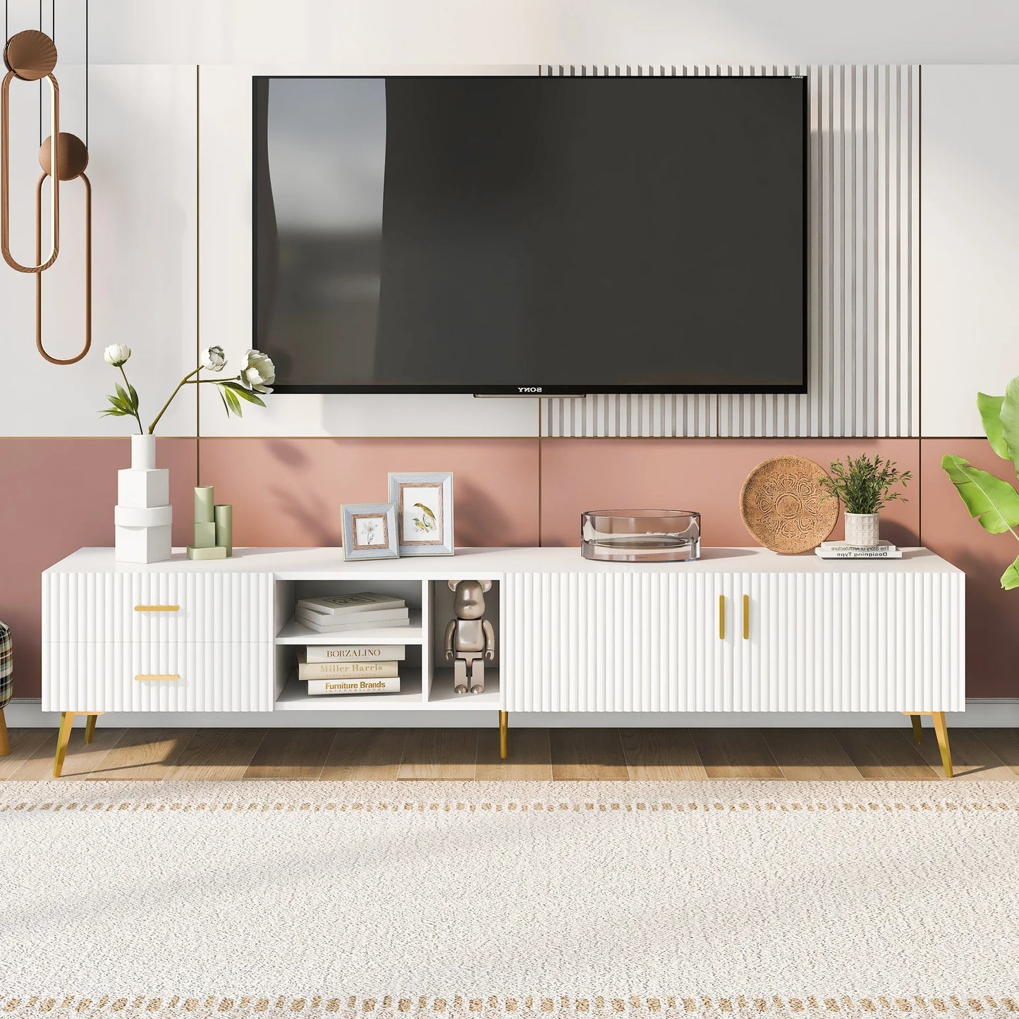 Modern TV Stand with 5 Champagne legs - Durable, stylish, spacious, versatile storage TVS up to 77"