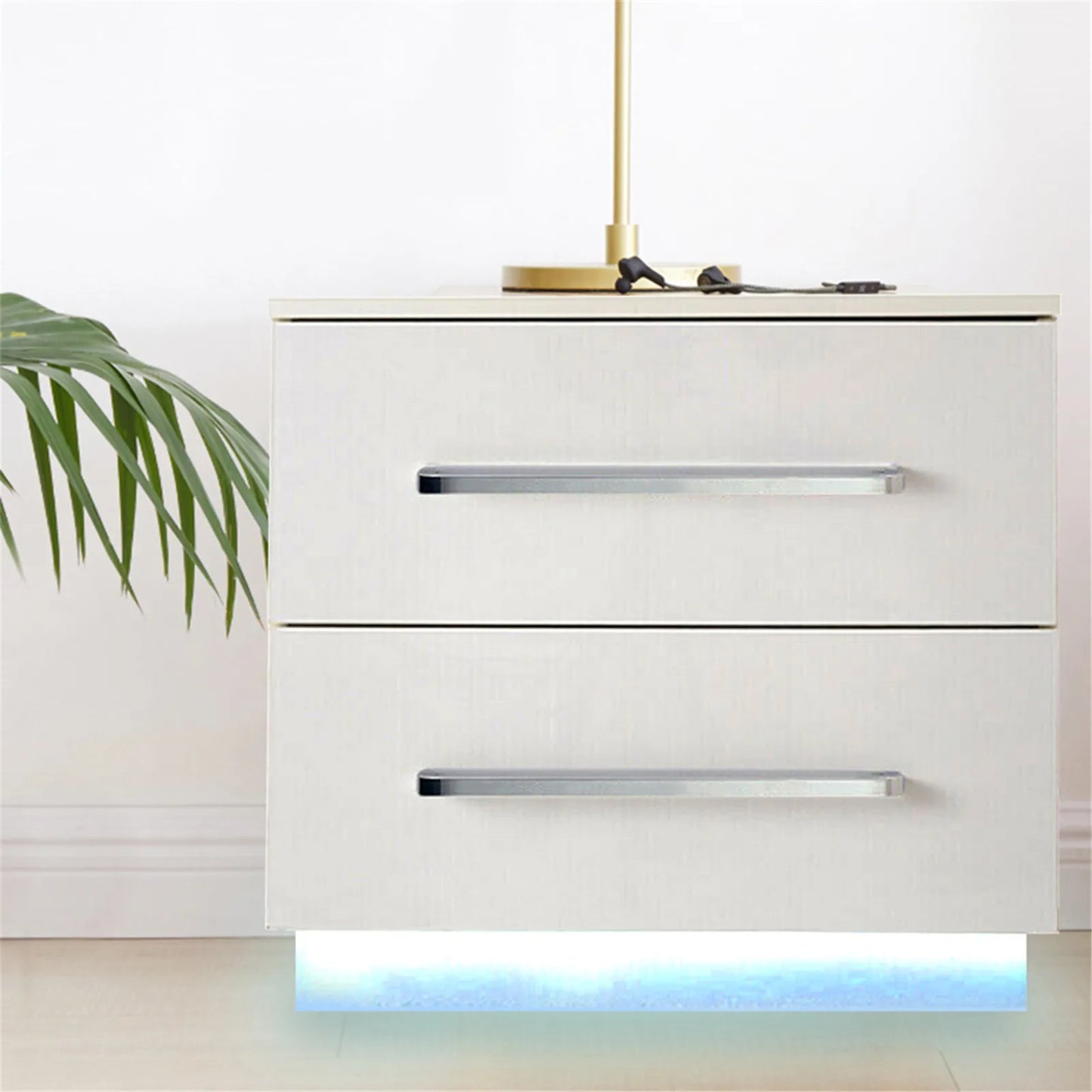 CNCEST Modern Bedside End Table with LED Light Bedside Nighstand Table with 2 Drawers Remote Control for Light Colors Changing