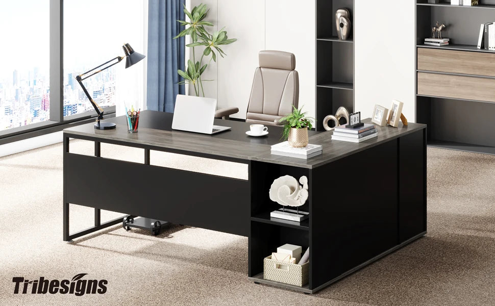 Tribesigns 71 inch Executive Desk, L Shaped Desk with Cabinet Storage, Executive Office Desk with Shelves