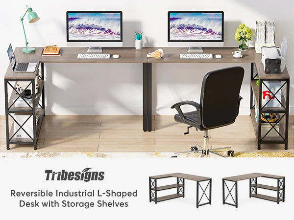 Tribesigns Reversible Industrial L-Shaped Desk with Storage Shelves, Corner Computer Desk PC Laptop Study Table Workstation