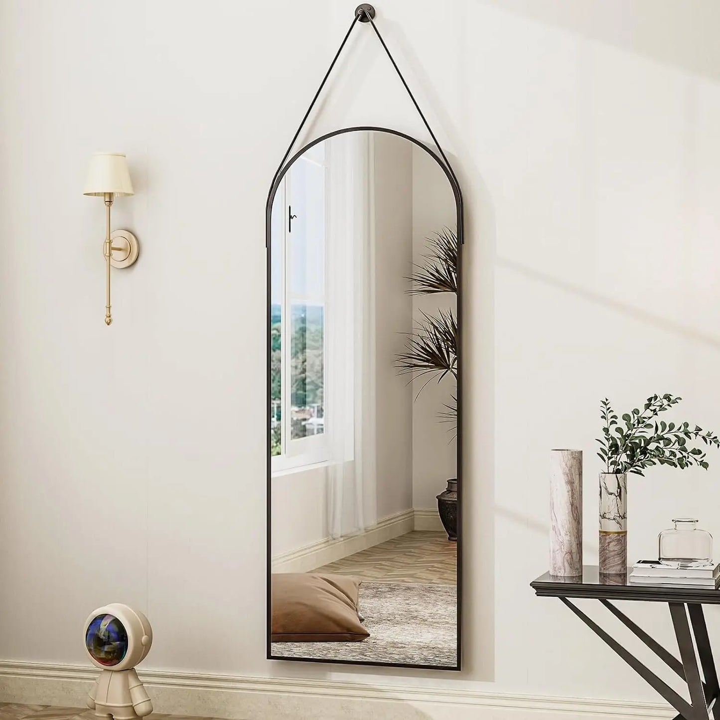 16"x48"Arched Mirror with Hanging Leather Strap Full Length Mirror Aluminum Frame Wall-Mounted Arch Mirror Hanging Mirrors