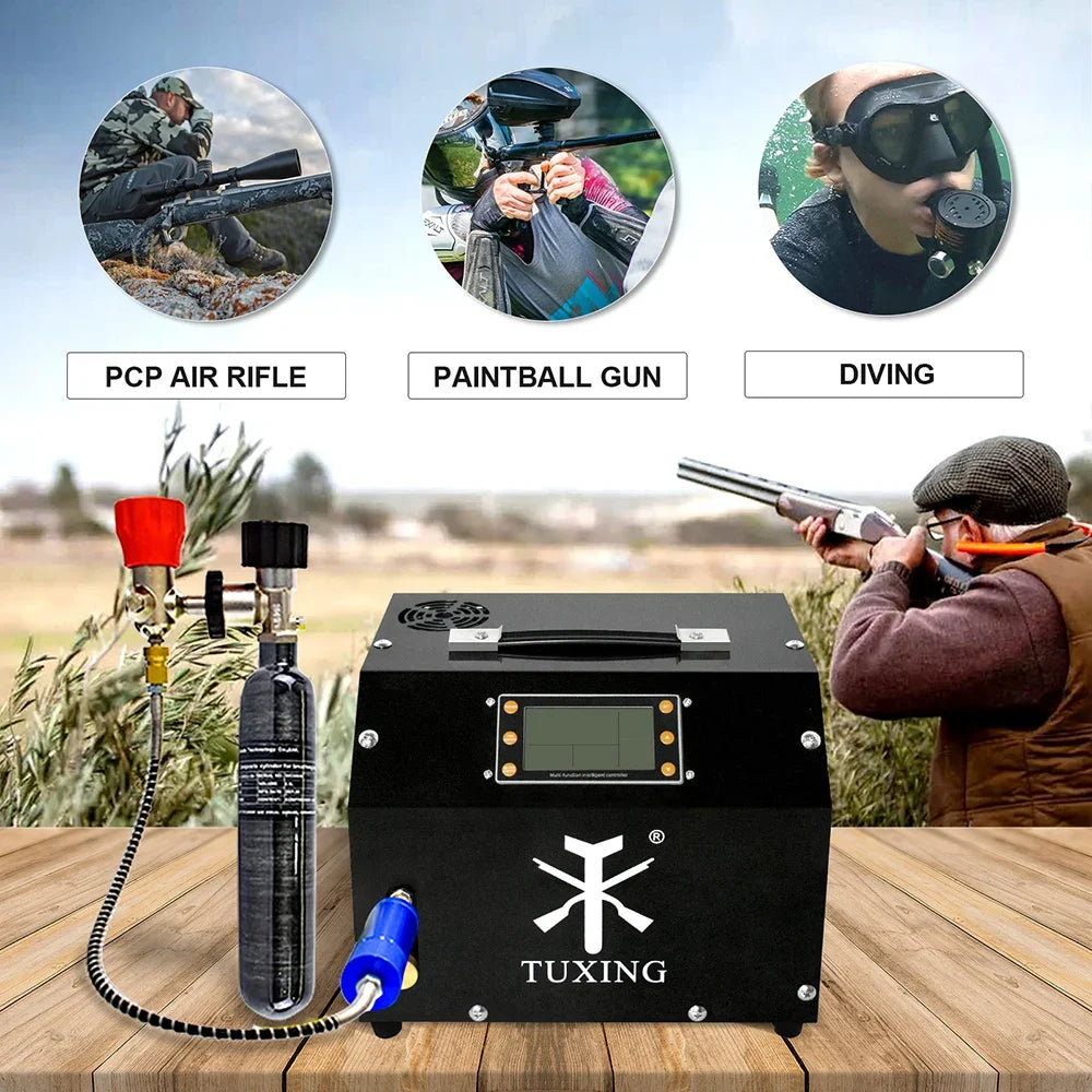 TUXING TXET063 4500Psi 300Bar 12V PCP Air Compressor LCD Display Digital Control Auto-Stop with 12V Transformer PCP Scuba Tank