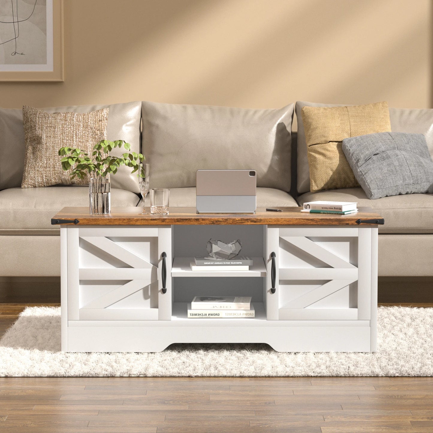 Coffee Table With Barn Doors, Farmhouse Center Table With Storage, Modern Rustic Style Wooden Living Room Table, White