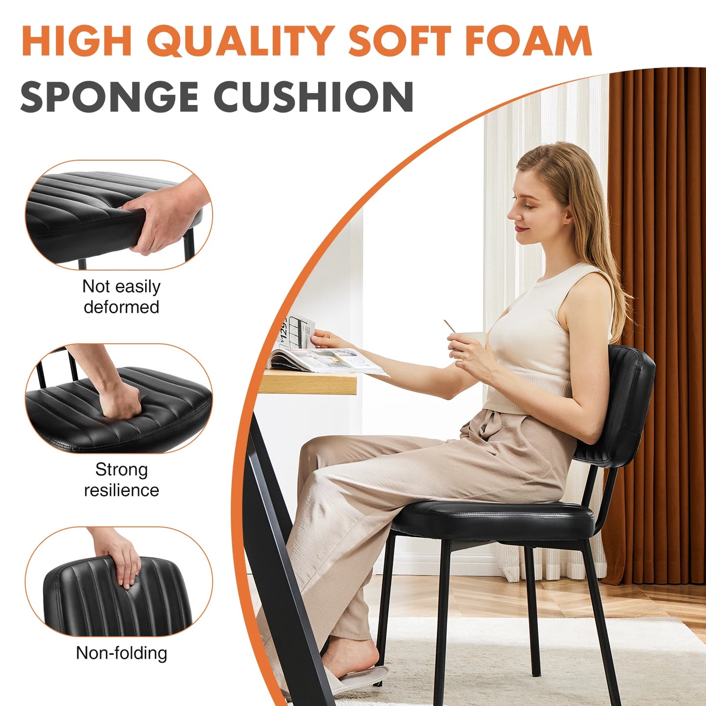 JHK Dining Chairs Set of 2 Ergonomic Lumbar Support PU Leather Foam Sponge Cushion Seat and Metal Legs for Modern Kitchen