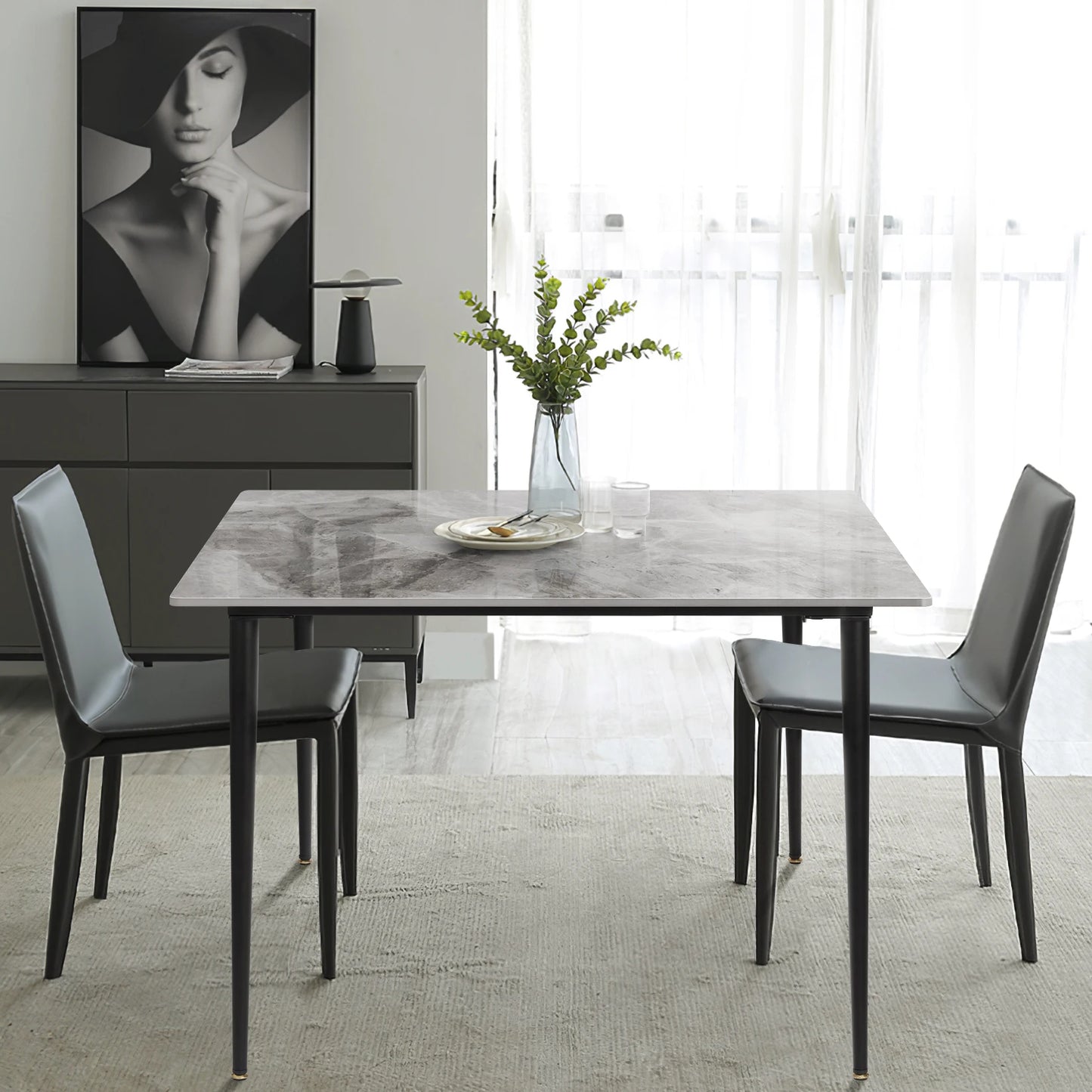 Mid-Century Slate Kitchen Dining Table with Sintered Stone Top and Metal Legs, Desk for Living Room, Dining Room