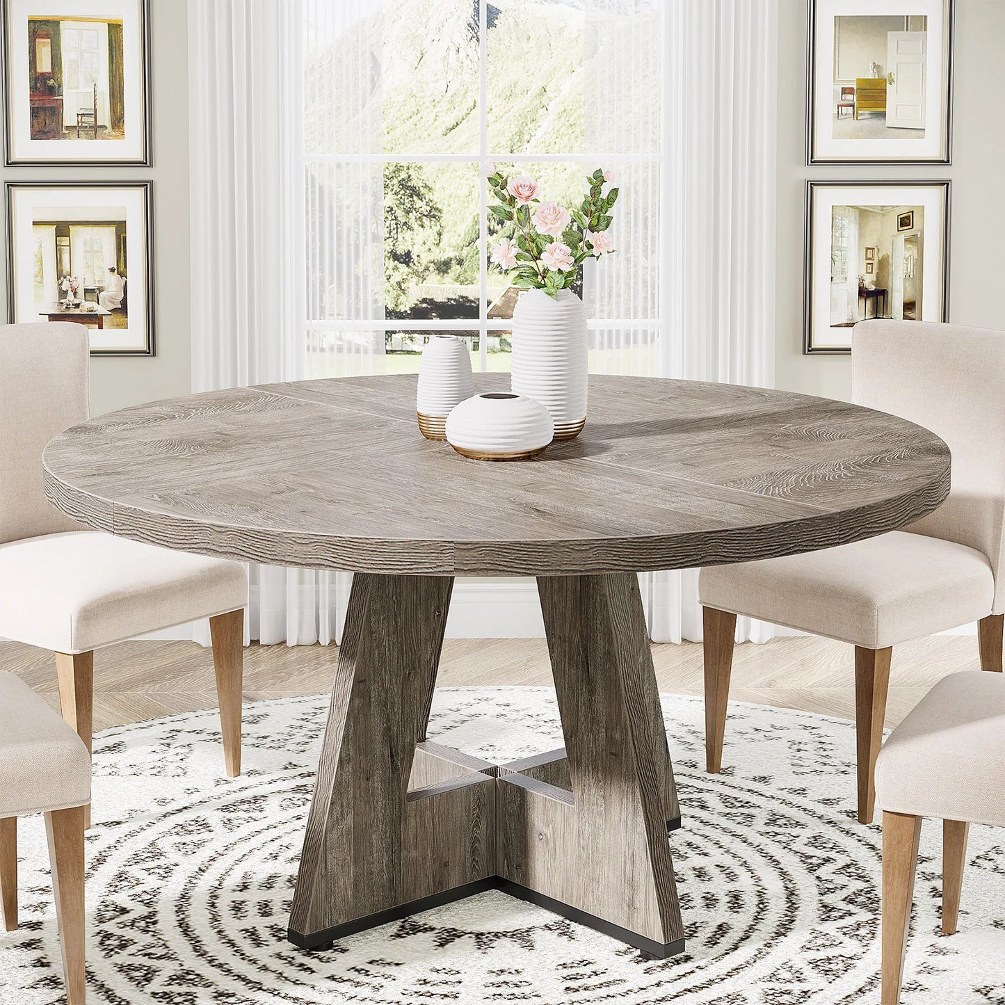 Tribesigns Round Dining Table for 4, 47 Inch Farmhouse Kitchen Table Small Dinner Table Kitchen Dinning Table for Dining Room