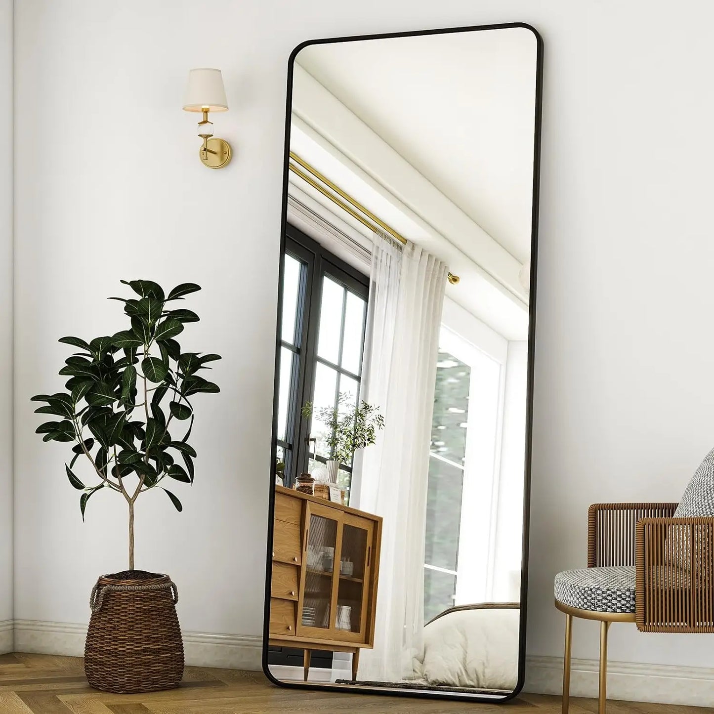 64"x21“ Rounded Full Length Mirror Aluminum Frame Mirror Full Length Floor Mirror with Stand for Living Room Bedroom Cloakroom