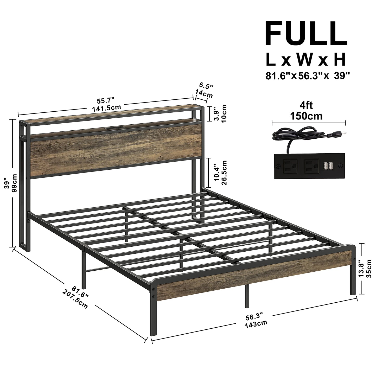 Bed Frame with Storage Headboard, Platform Bed with Charging Station, Solid and Stable, Noise Free, Easy Assembly, Walnut