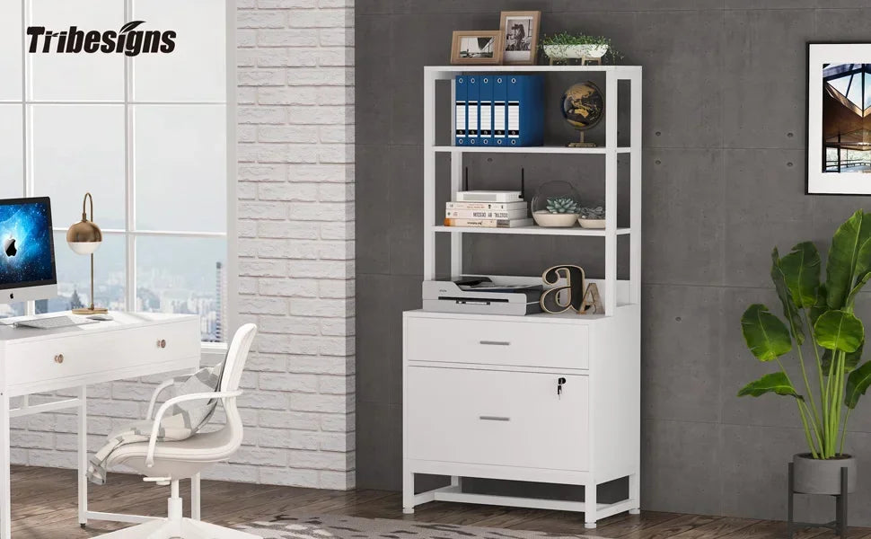 Tribesigns 2 Drawer Vertical File Cabinet with Lock & Bookshelf, Letter Size Large Modern Filing Cabinet Printer Stand