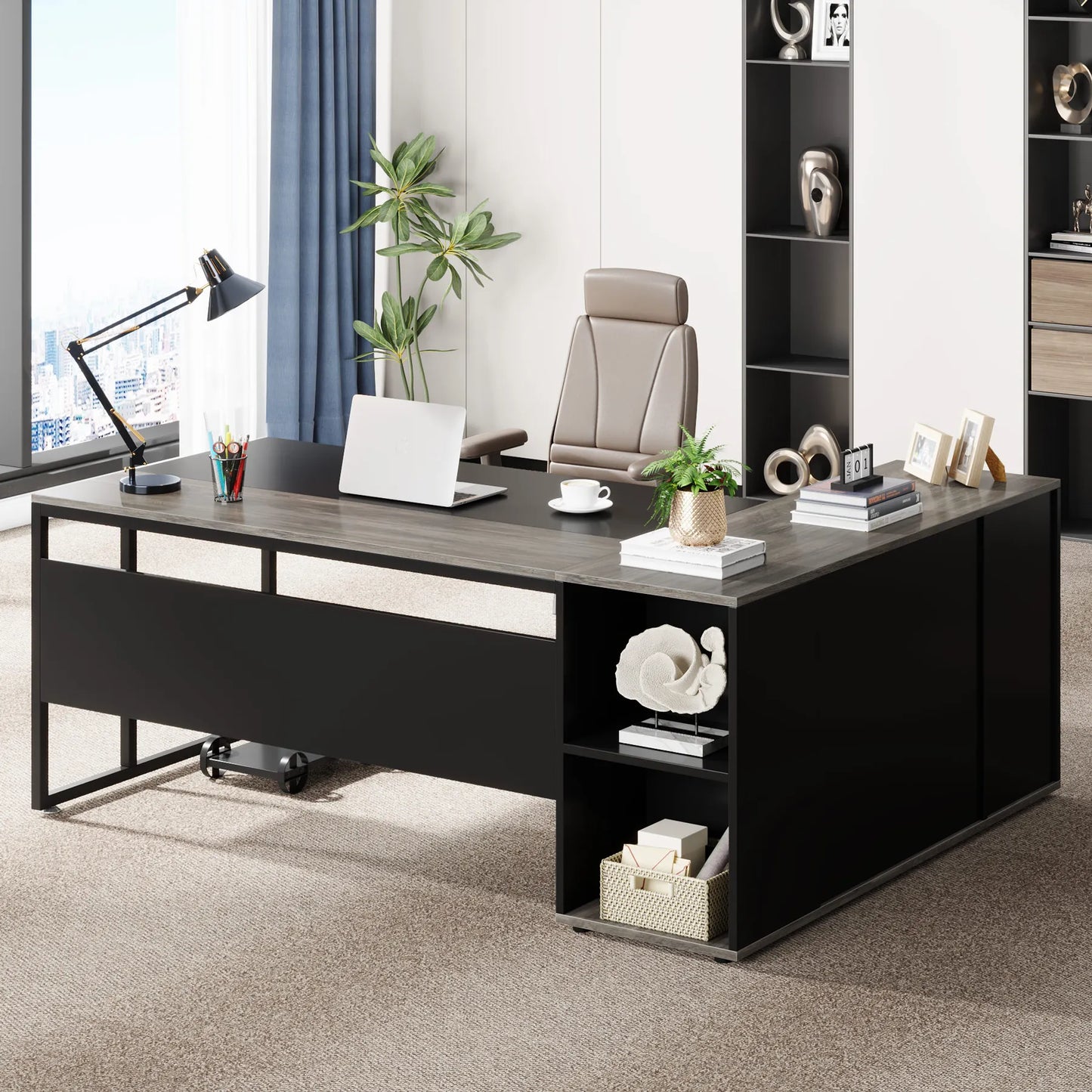 Tribesigns 71 inch Executive Desk, L Shaped Desk with Cabinet Storage, Executive Office Desk with Shelves