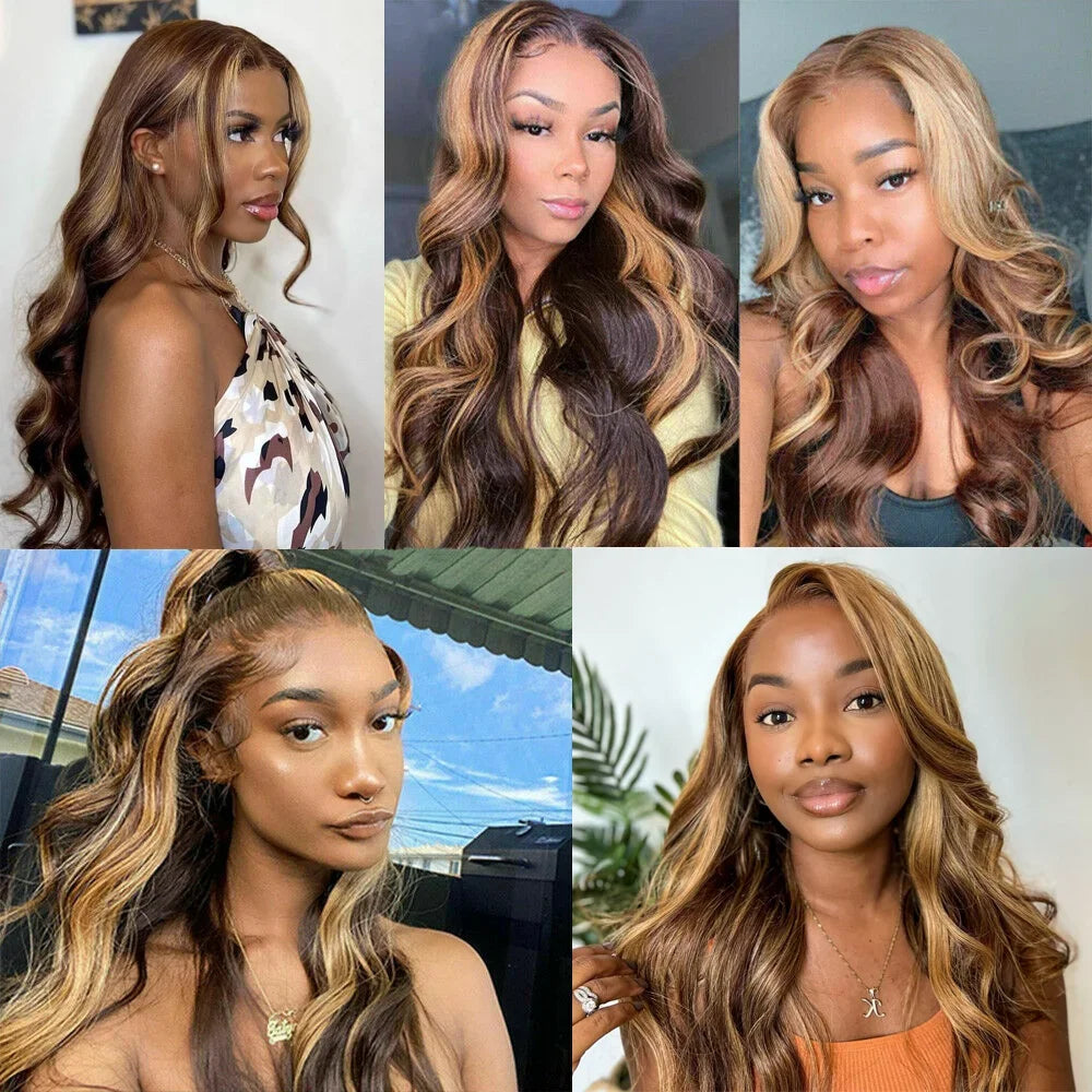 Highlight Body Wave Wig Human Hair 13x4 HD Lace Front Human Hair Wigs For Women Honey Blonde  Transparent Lace Frontal Wig