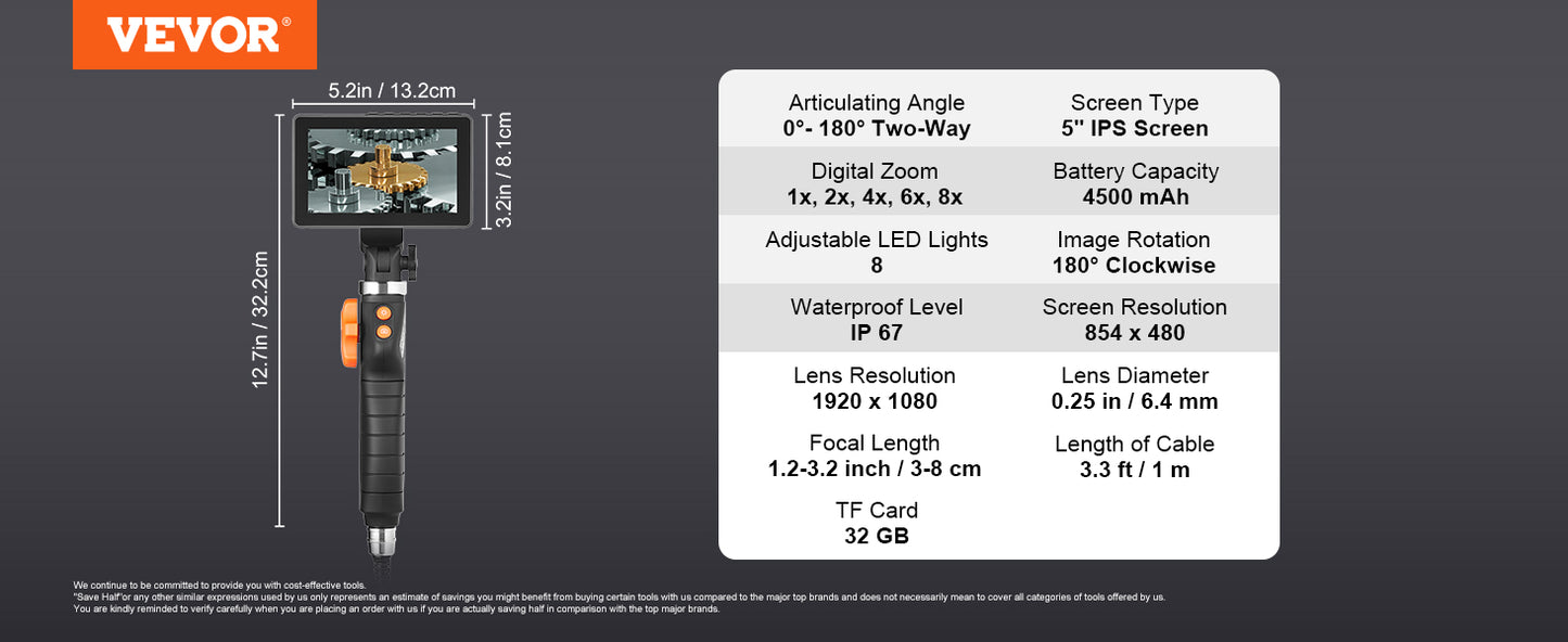 VEVOR Articulating Borescope Camera with Light Two-way Articulated Endoscope Inspection with 6.4mm Tiny Lens 5" IPS 1080P Screen
