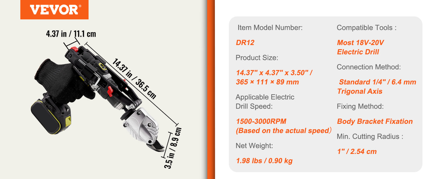 VEVOR Metal Cutter Drill Attachment Metal Shears Attachment with 360 Degree Pivoting Head for Cutting Max 21 GA